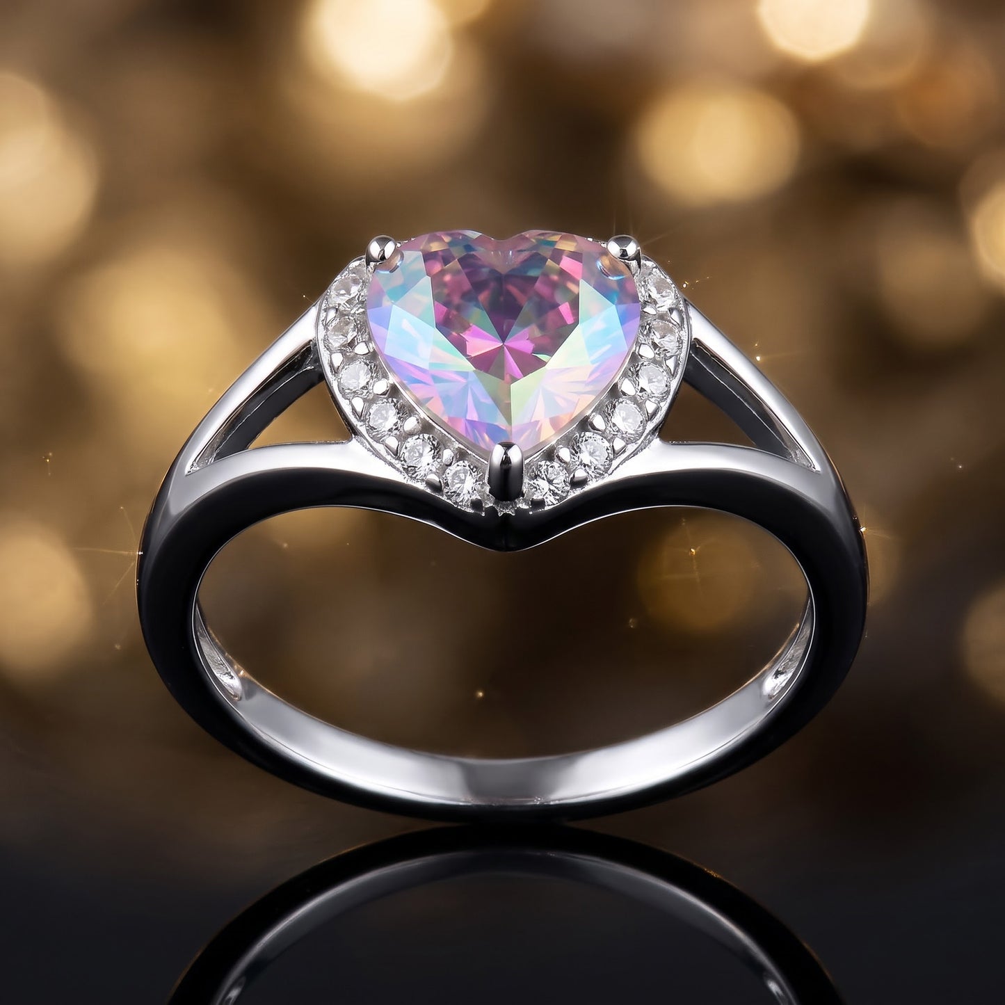 Sterling Silver Heart Shape Iridescent Rainbow CZ Ring for Women, Heart Cubic Zirconia, Promise Ring Gift view 4