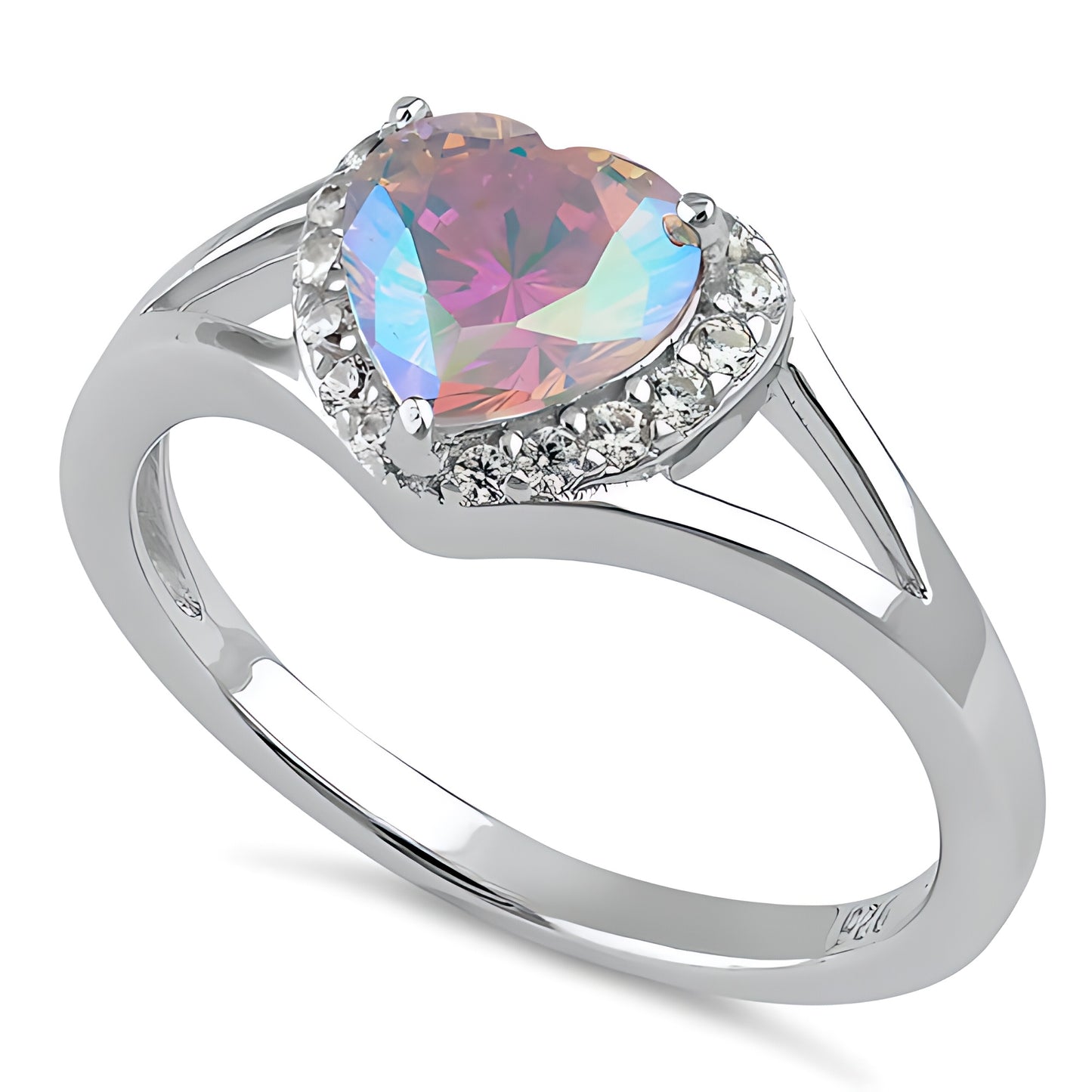 Sterling Silver Heart Shape Iridescent Rainbow CZ Ring for Women, Heart Cubic Zirconia, Promise Ring Gift