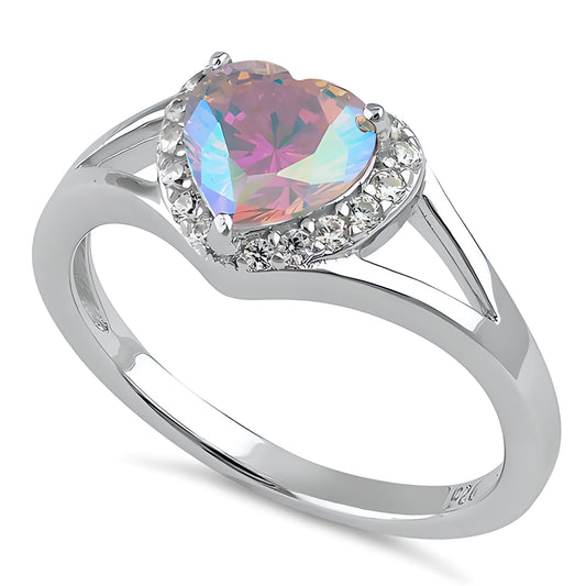 Sterling Silver Heart Shape Iridescent Rainbow CZ Ring for Women, Heart Cubic Zirconia, Promise Ring Gift