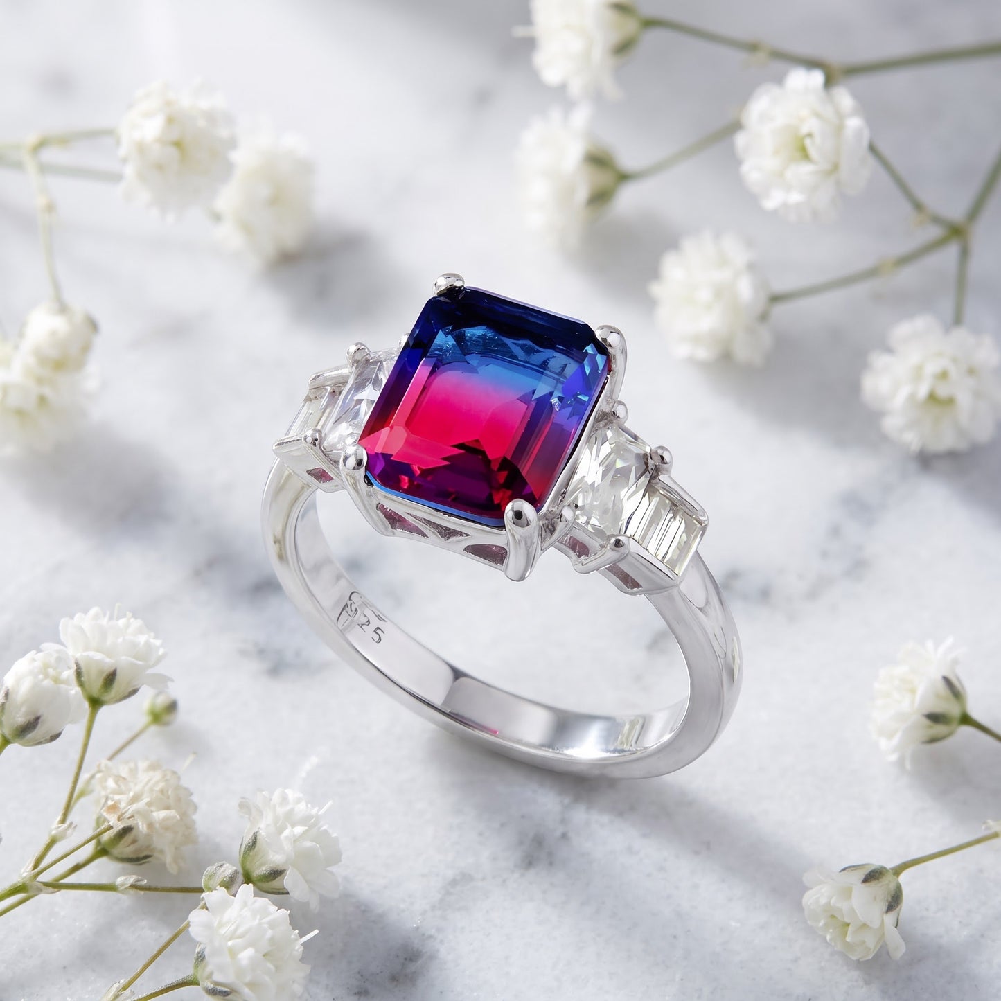 Sterling Silver Bicolor Blue Ruby Ombre CZ Ring for Women, Cubic Zirconia, Promise Ring Gift view 1