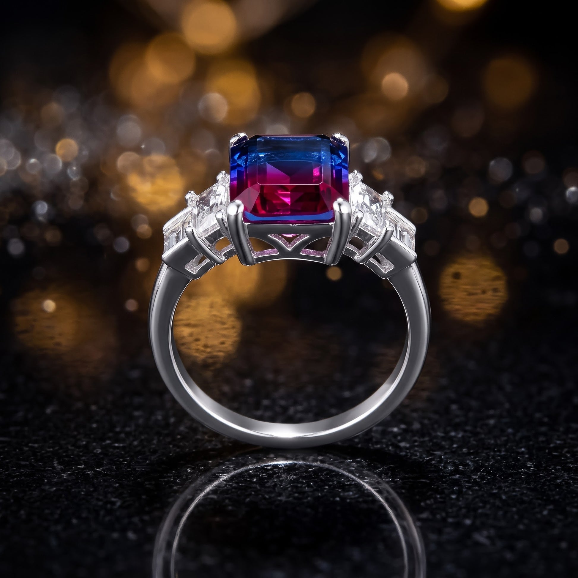Sterling Silver Bicolor Blue Ruby Ombre CZ Ring for Women, Cubic Zirconia, Promise Ring Gift view 4