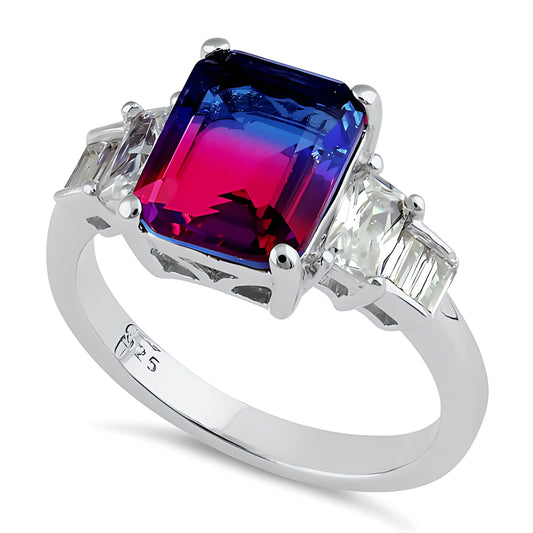 Sterling Silver Bicolor Blue Ruby Ombre CZ Ring for Women, Cubic Zirconia, Promise Ring Gift