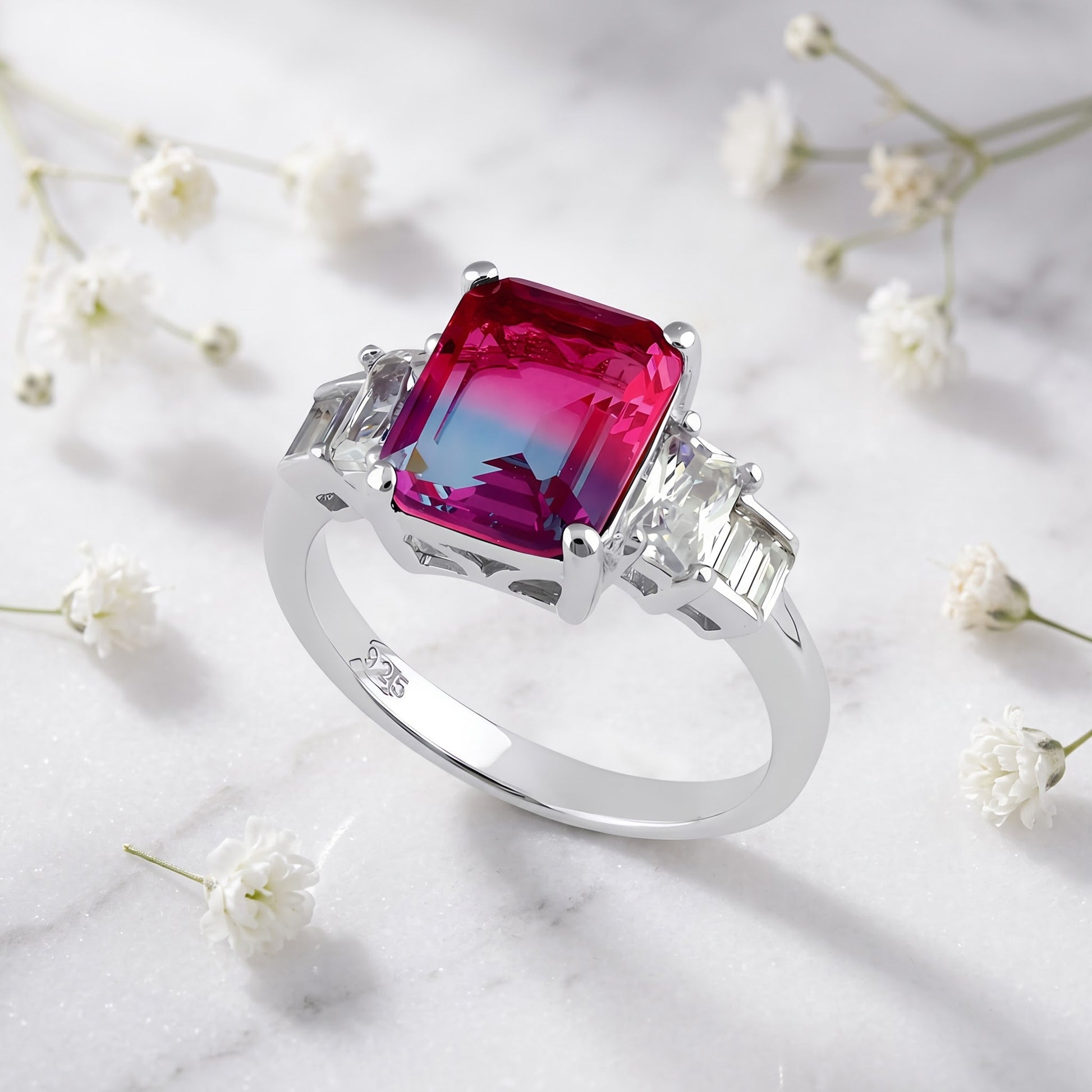 Sterling Silver Bicolor Blue Pink Ombre CZ Ring for Women, Cubic Zirconia, Promise Ring Gift view 1