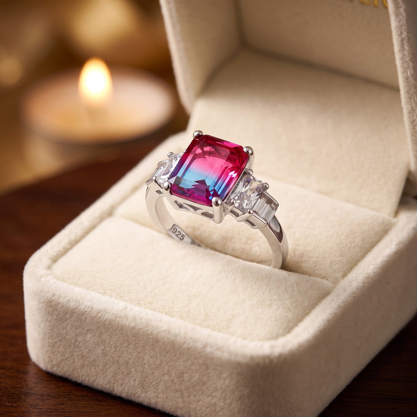 Sterling Silver Bicolor Blue Pink Ombre CZ Ring for Women, Cubic Zirconia, Promise Ring Gift view 3