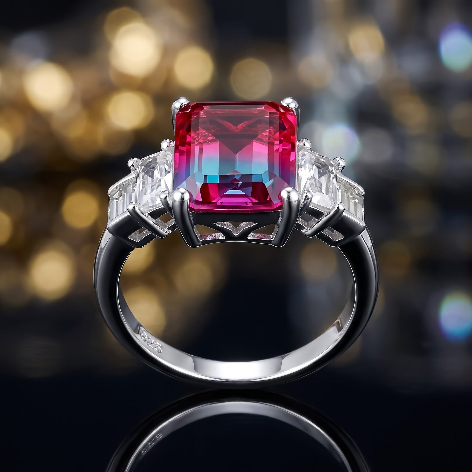 Sterling Silver Bicolor Blue Pink Ombre CZ Ring for Women, Cubic Zirconia, Promise Ring Gift view 4