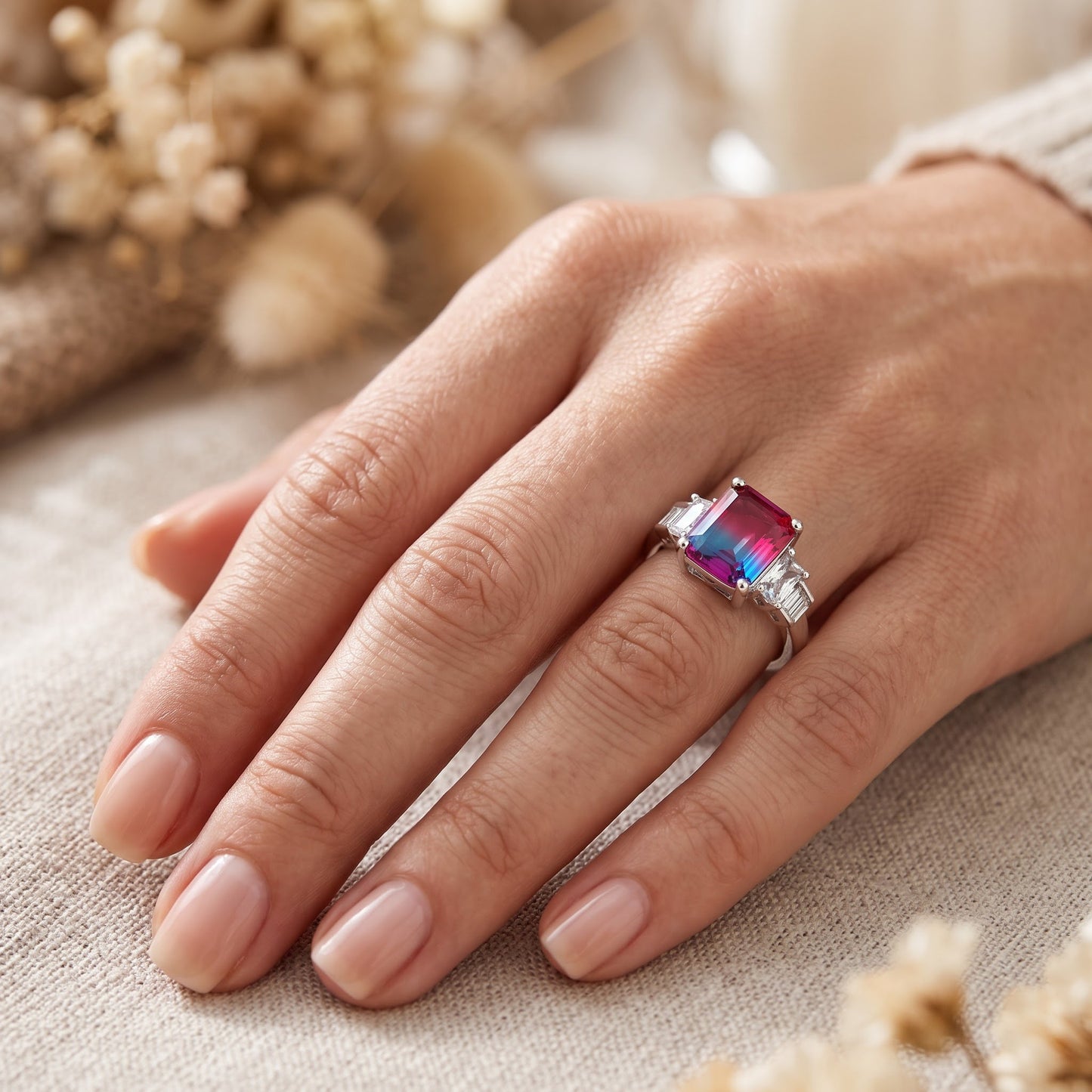 Sterling Silver Bicolor Blue Pink Ombre CZ Ring for Women, Cubic Zirconia, Promise Ring Gift view 5