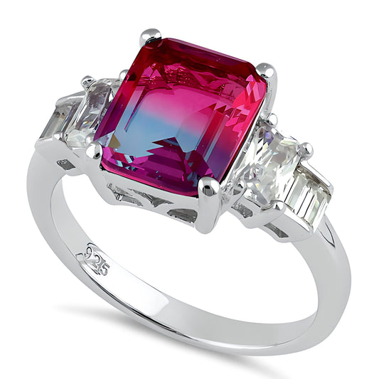 Sterling Silver Bicolor Blue Pink Ombre CZ Ring for Women, Cubic Zirconia, Promise Ring Gift