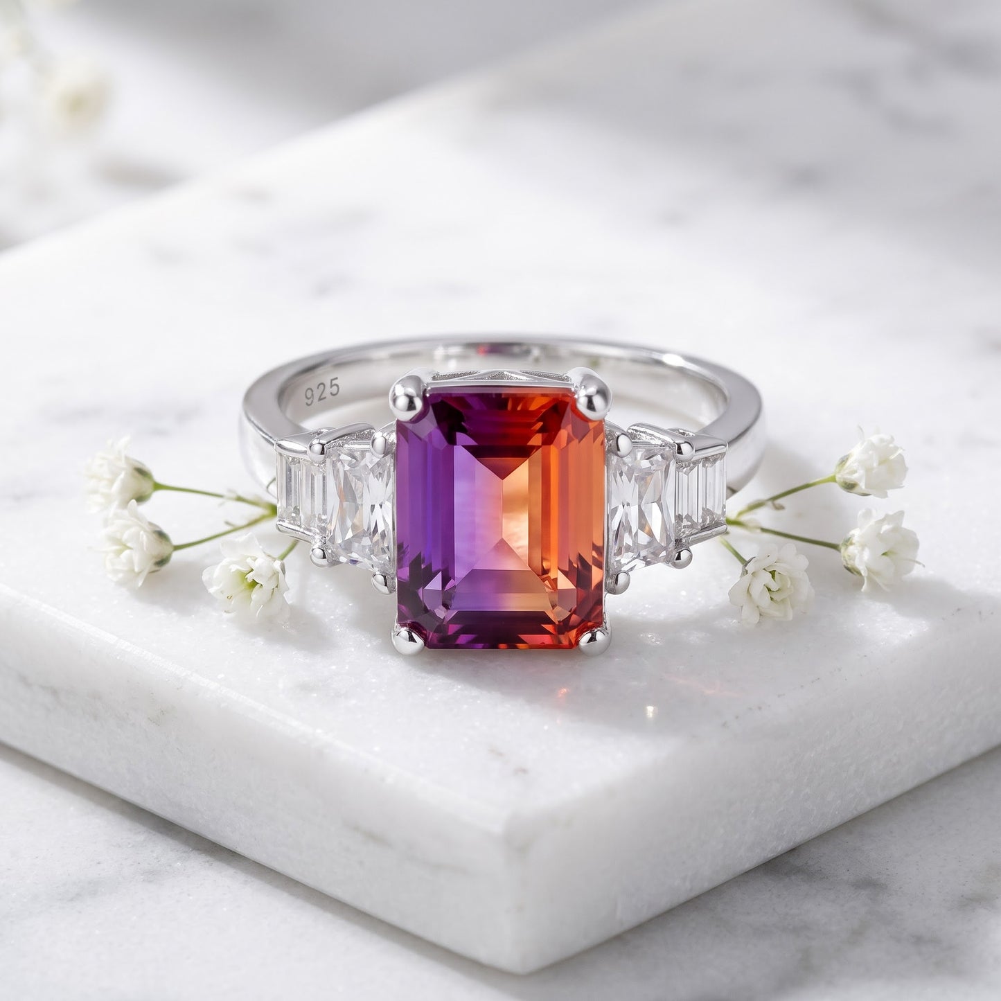 Sterling Silver Bicolor Purple Orange Ombre CZ Ring for Women, Cubic Zirconia, Promise Ring Gift view 1