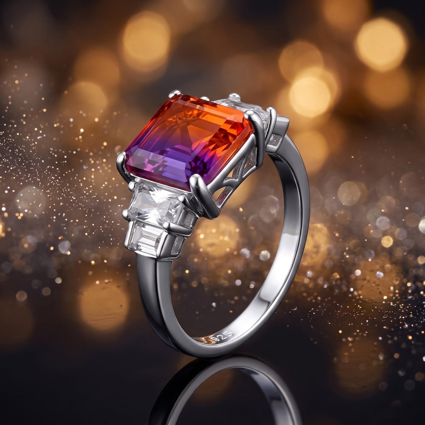 Sterling Silver Bicolor Purple Orange Ombre CZ Ring for Women, Cubic Zirconia, Promise Ring Gift view 4