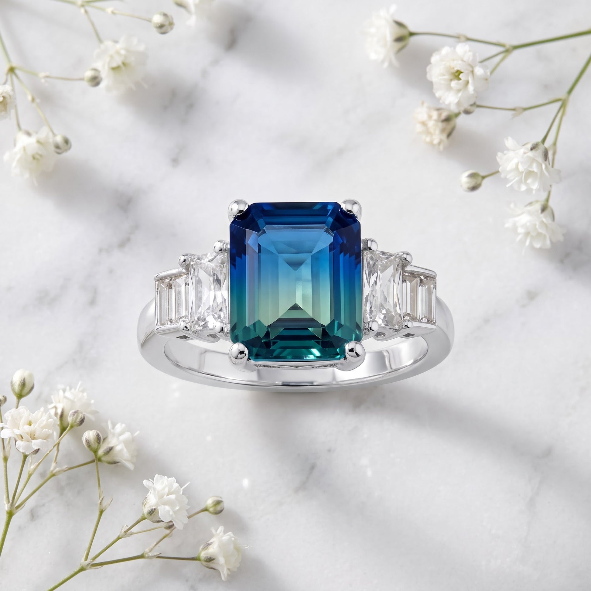 Sterling Silver Bicolor Blue Green Ombre CZ Ring for Women, Cubic Zirconia, Promise Ring Gift view 1