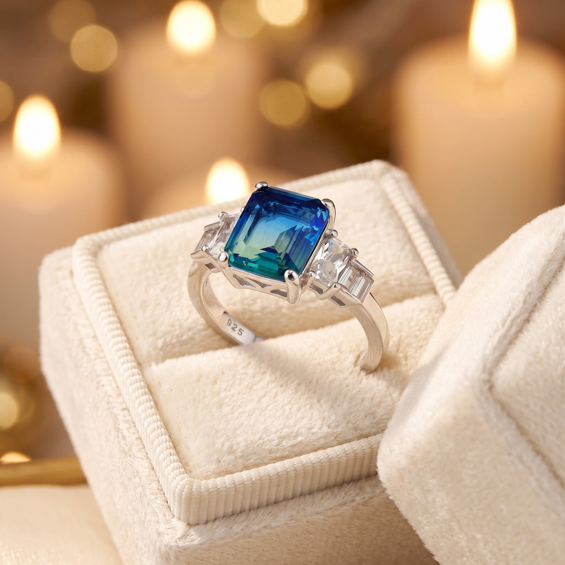 Sterling Silver Bicolor Blue Green Ombre CZ Ring for Women, Cubic Zirconia, Promise Ring Gift view 3