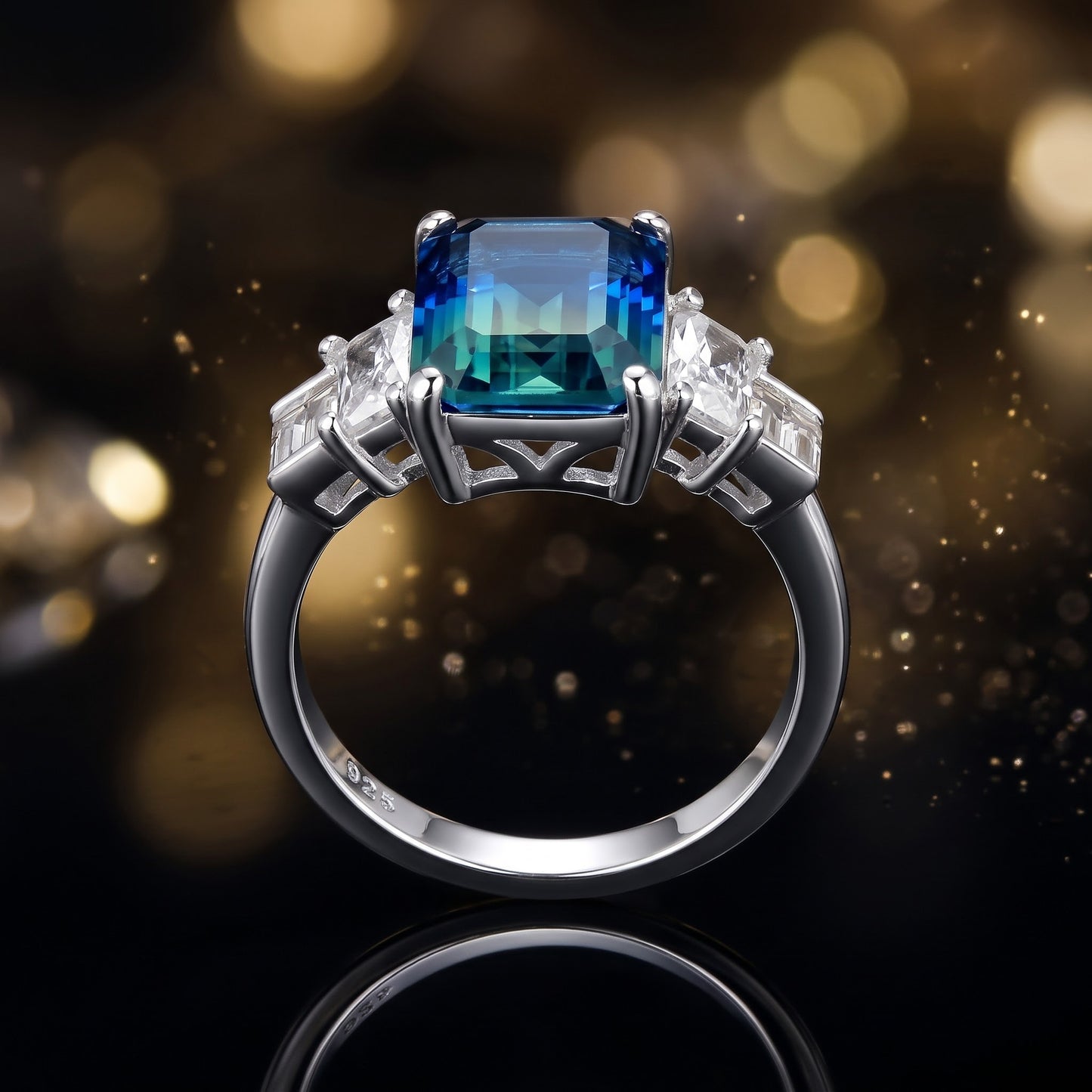 Sterling Silver Bicolor Blue Green Ombre CZ Ring for Women, Cubic Zirconia, Promise Ring Gift view 4