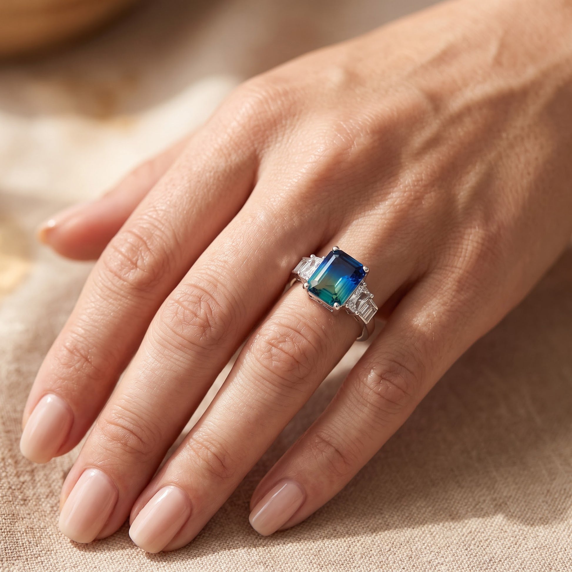 Sterling Silver Bicolor Blue Green Ombre CZ Ring for Women, Cubic Zirconia, Promise Ring Gift view 5