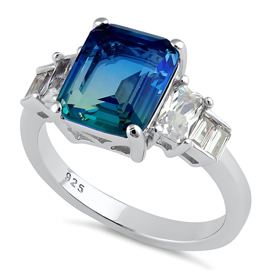 Sterling Silver Bicolor Blue Green Ombre CZ Ring for Women, Cubic Zirconia, Promise Ring Gift