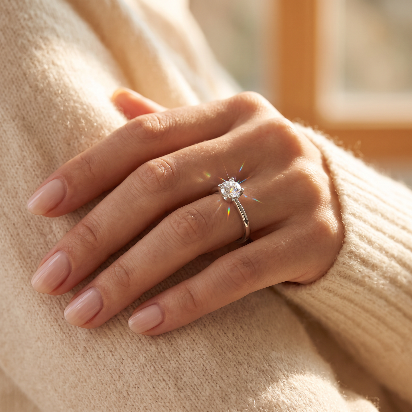 Sterling Silver 5mm Round Cut CZ Ring worn on a woman's hand in warm window light