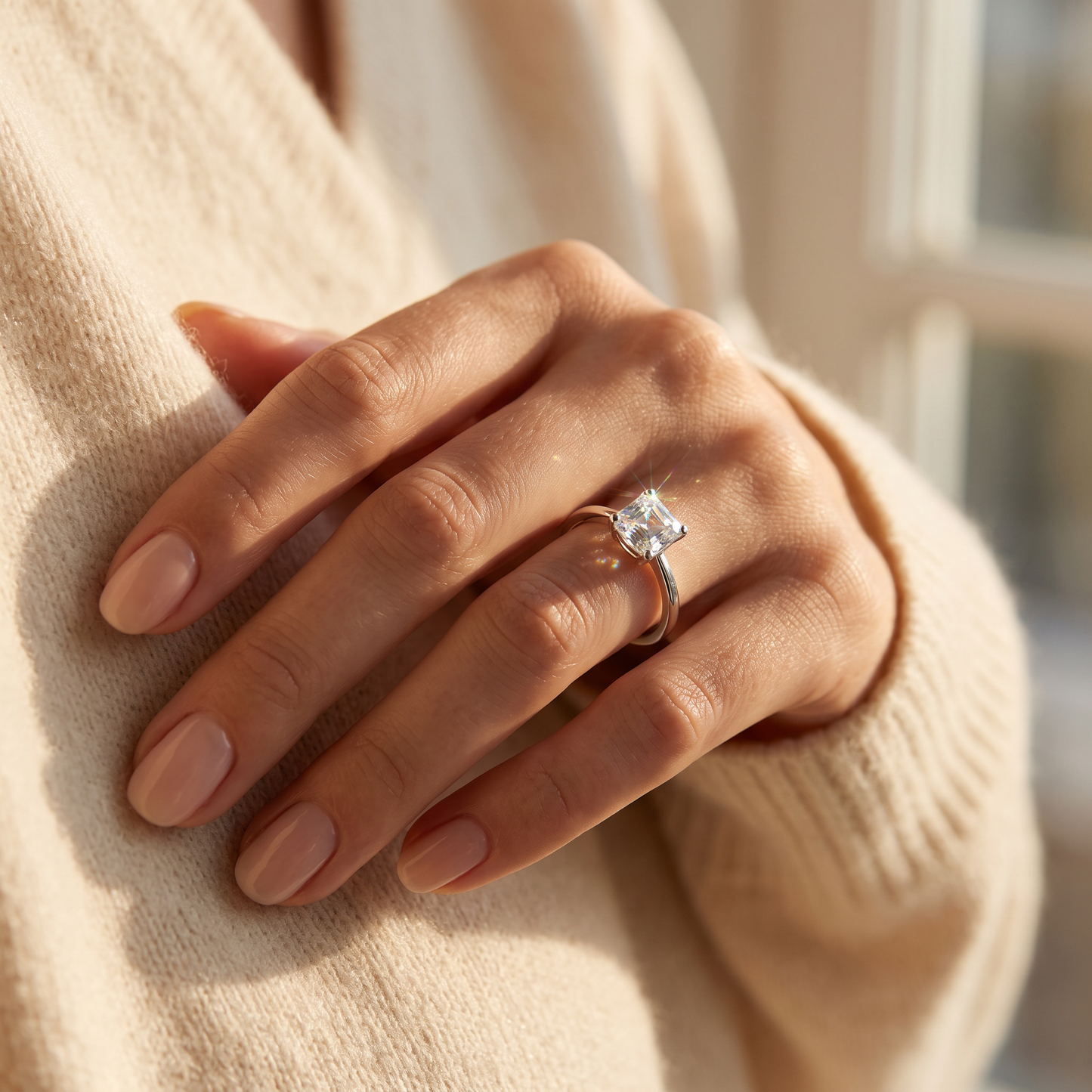 Sterling Silver 5X5mm Octagon Step Cut CZ Ring worn on a woman's hand in warm window light