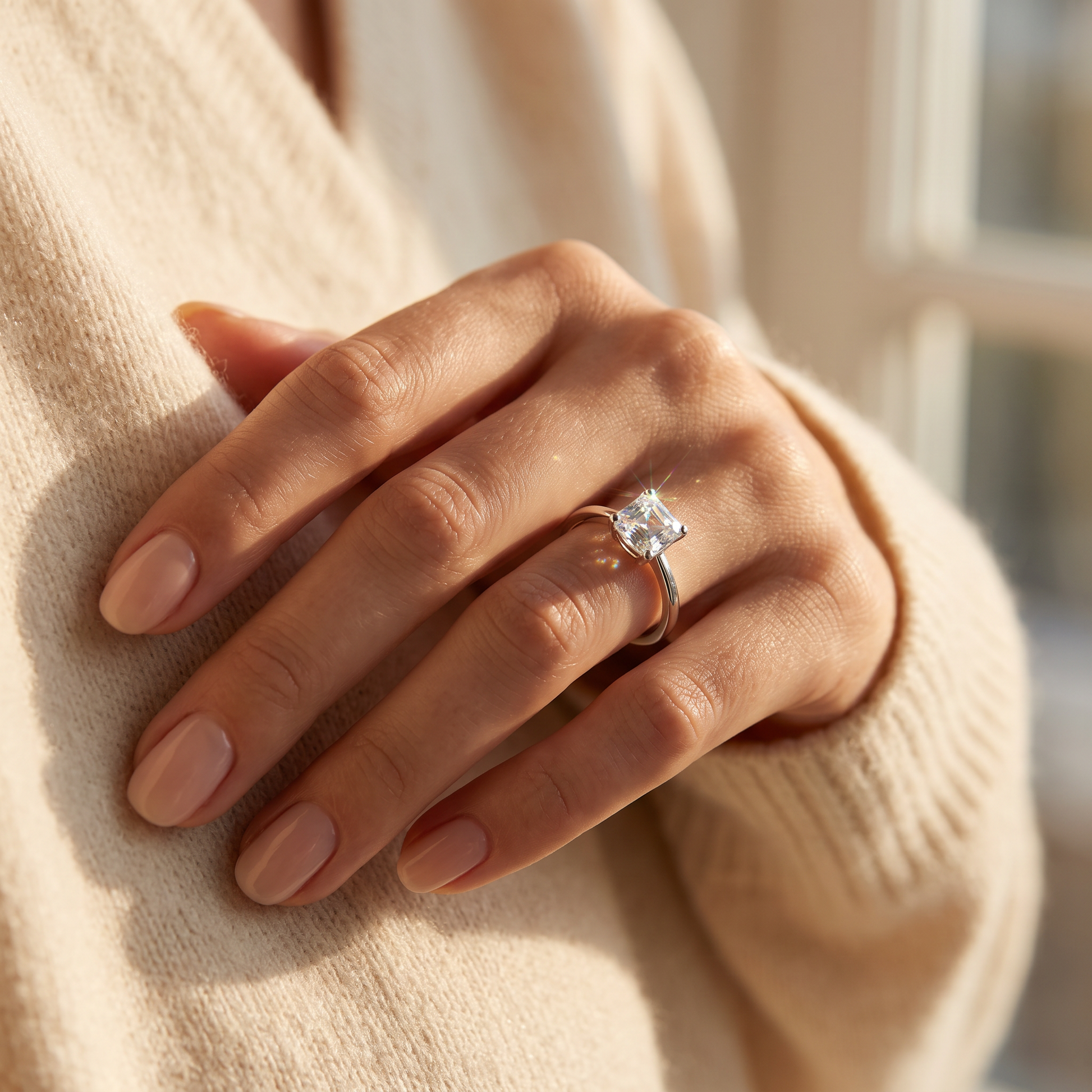 Sterling Silver 5X5mm Octagon Step Cut CZ Ring worn on a woman's hand in warm window light