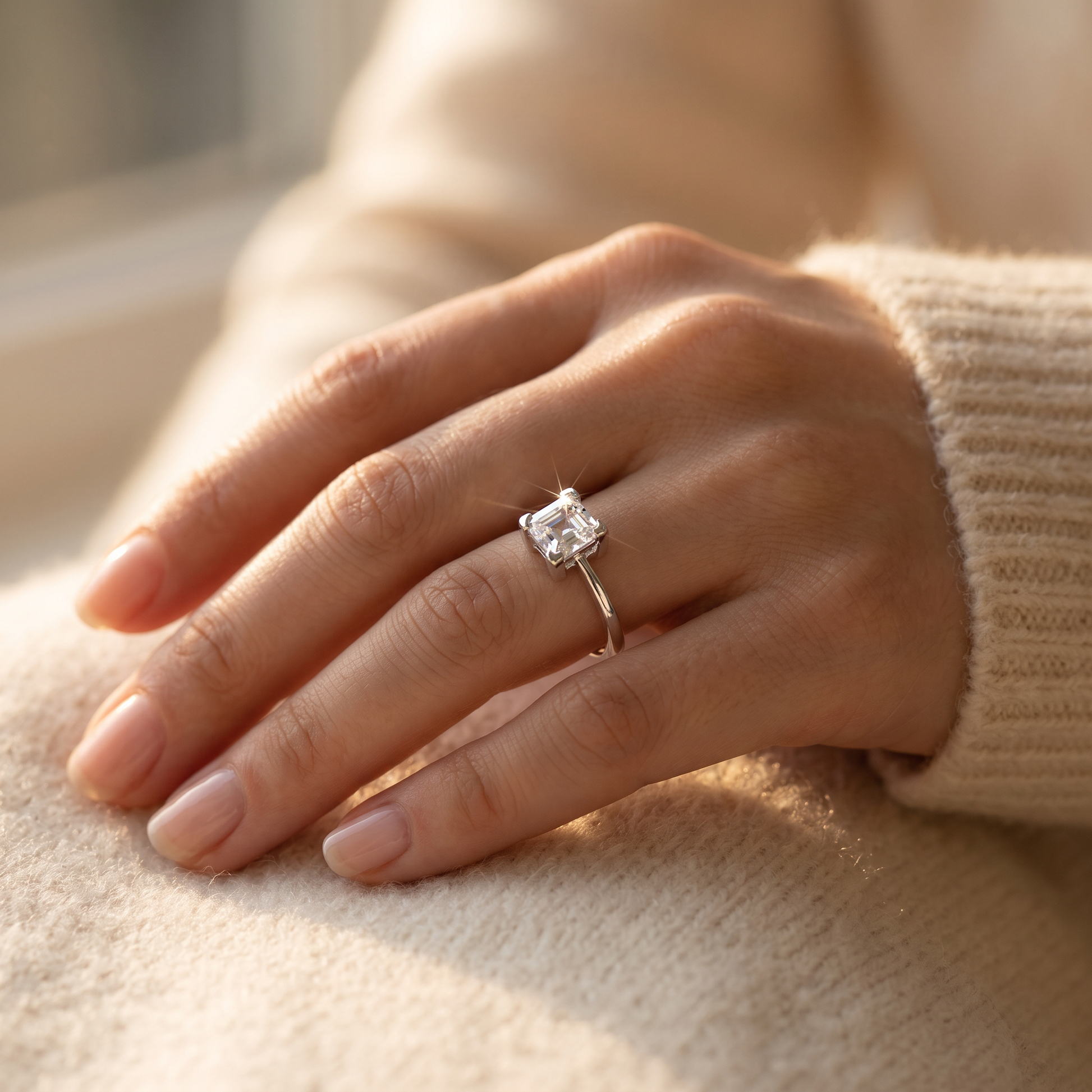 Sterling Silver 5mm Square Step Cut CZ Ring worn on a woman's hand in warm window light