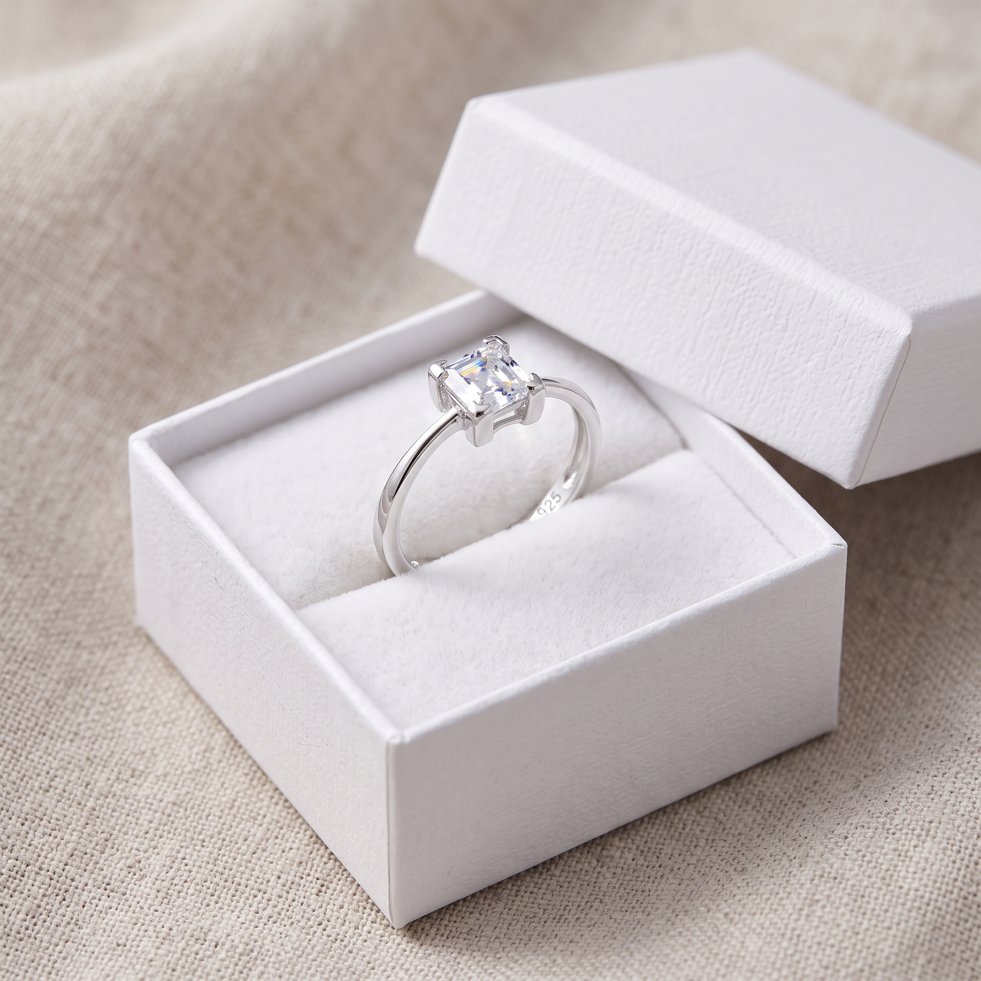Sterling Silver 5mm Square Step Cut CZ Ring in a white gift box, 5mm square step cut cz gift for her