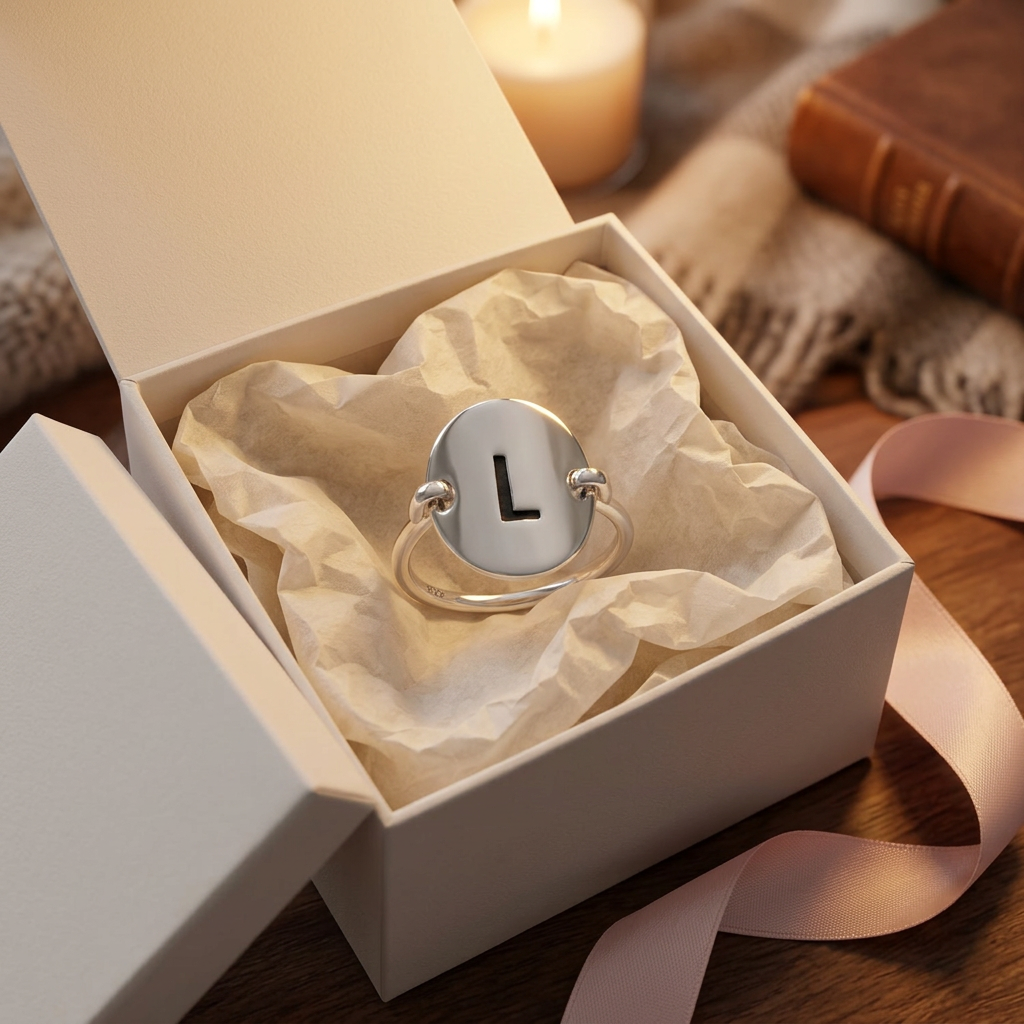 Sterling Silver Oval Initial L Ring in gift box