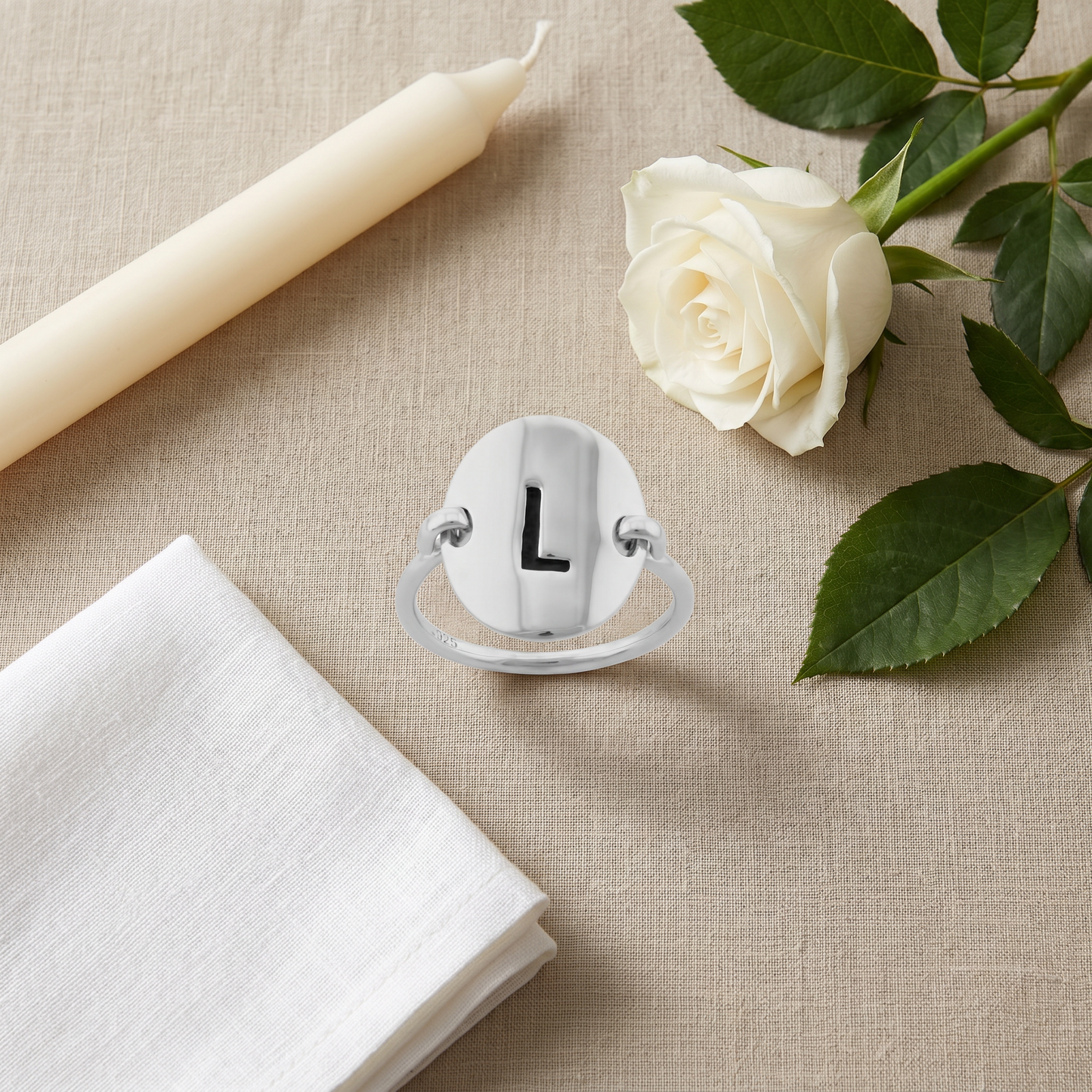 Sterling Silver Oval Initial L Ring flat-lay