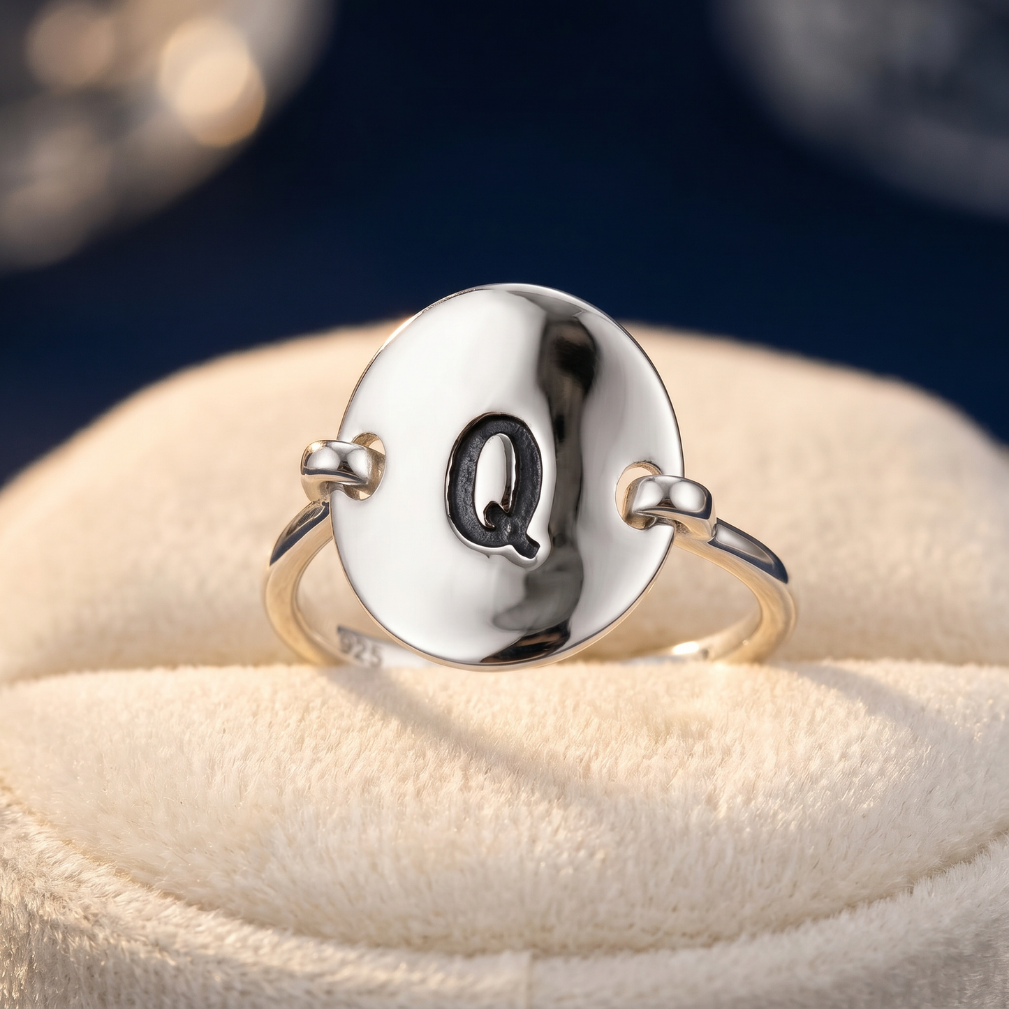 Sterling Silver Oval Initial Q Ring on velvet