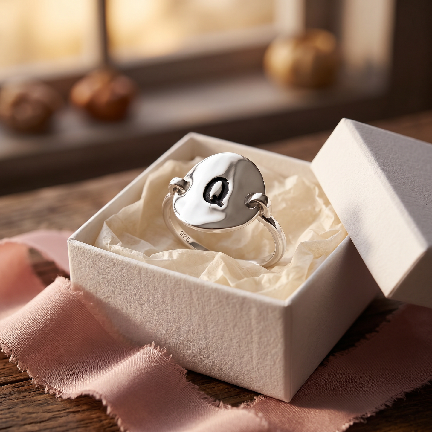Sterling Silver Oval Initial Q Ring in gift box