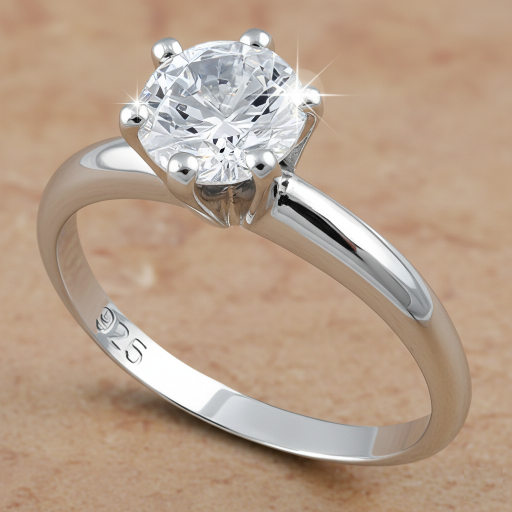 Elegant Engagement Ring – White Gold Over Sterling Silver 1.3ct Moissanite Solitaire Band (Sizes 3–13)