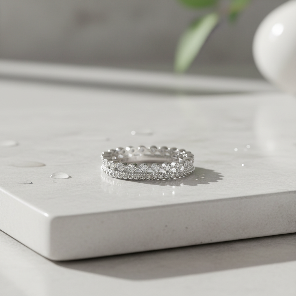 White Gold Over Sterling Silver Women's Thin Double Row Cz Eternity Band