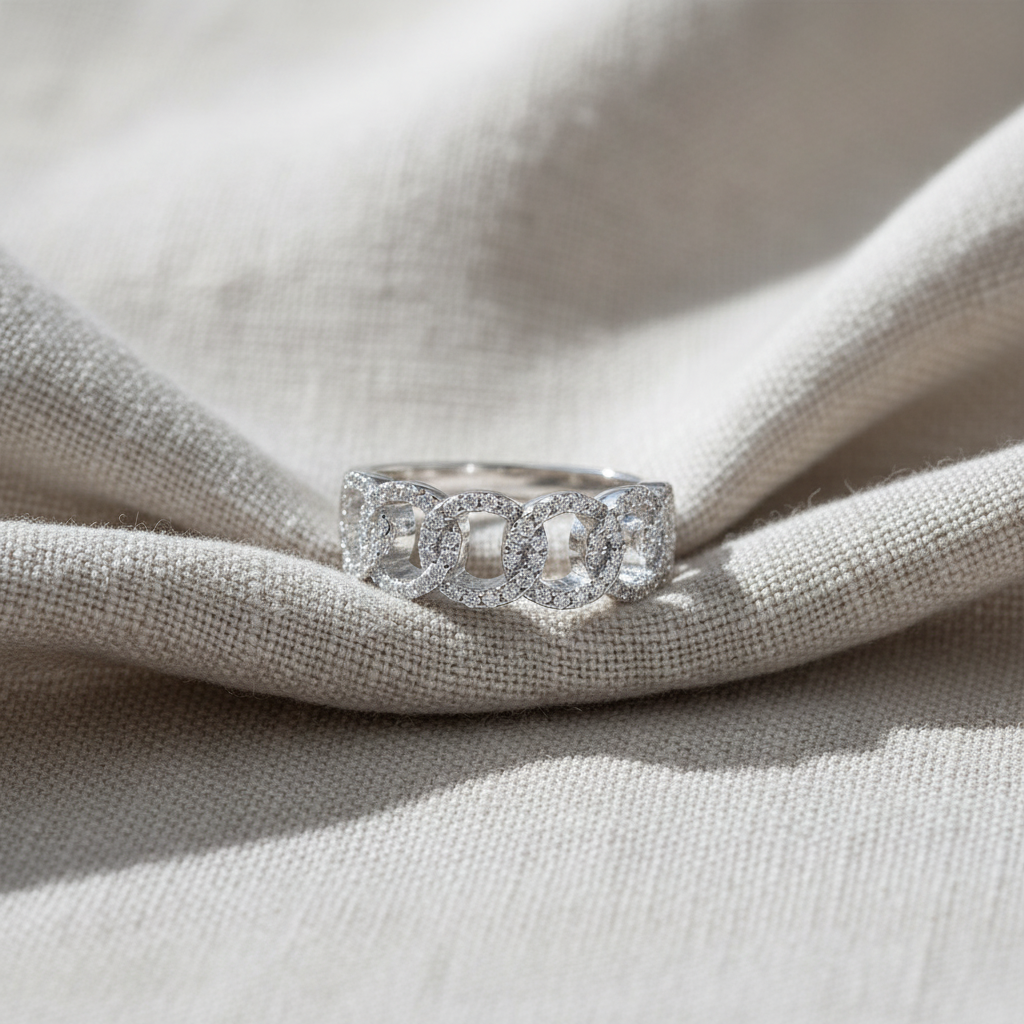 White Gold Over Sterling Silver Simulated Diamond Chain Link Statement Ring