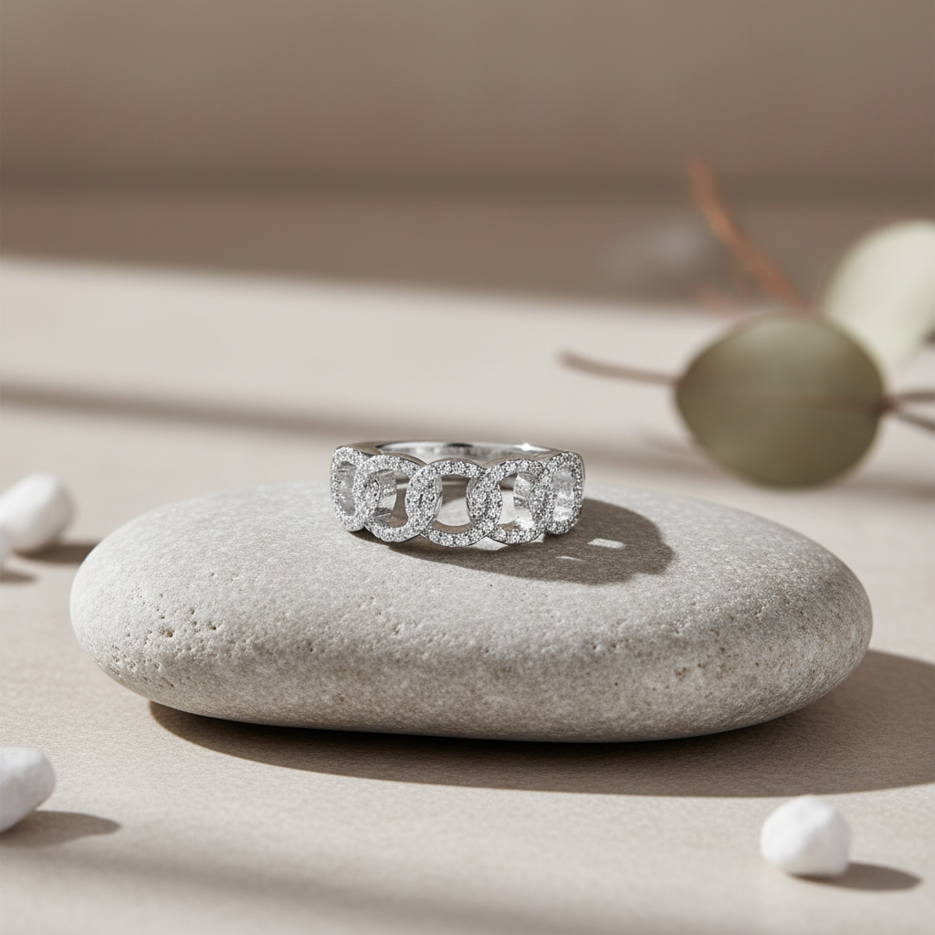 White Gold Over Sterling Silver Simulated Diamond Chain Link Statement Ring