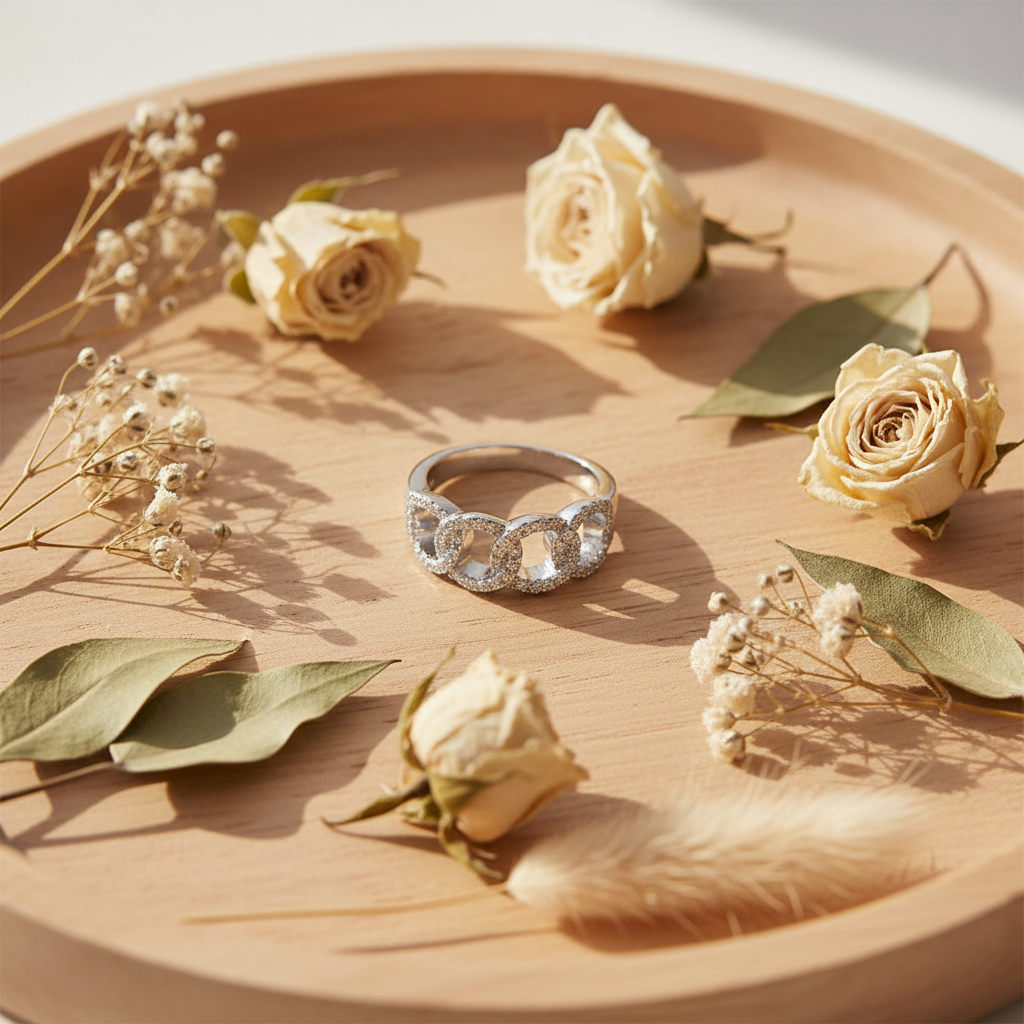 White Gold Over Sterling Silver Simulated Diamond Chain Link Statement Ring