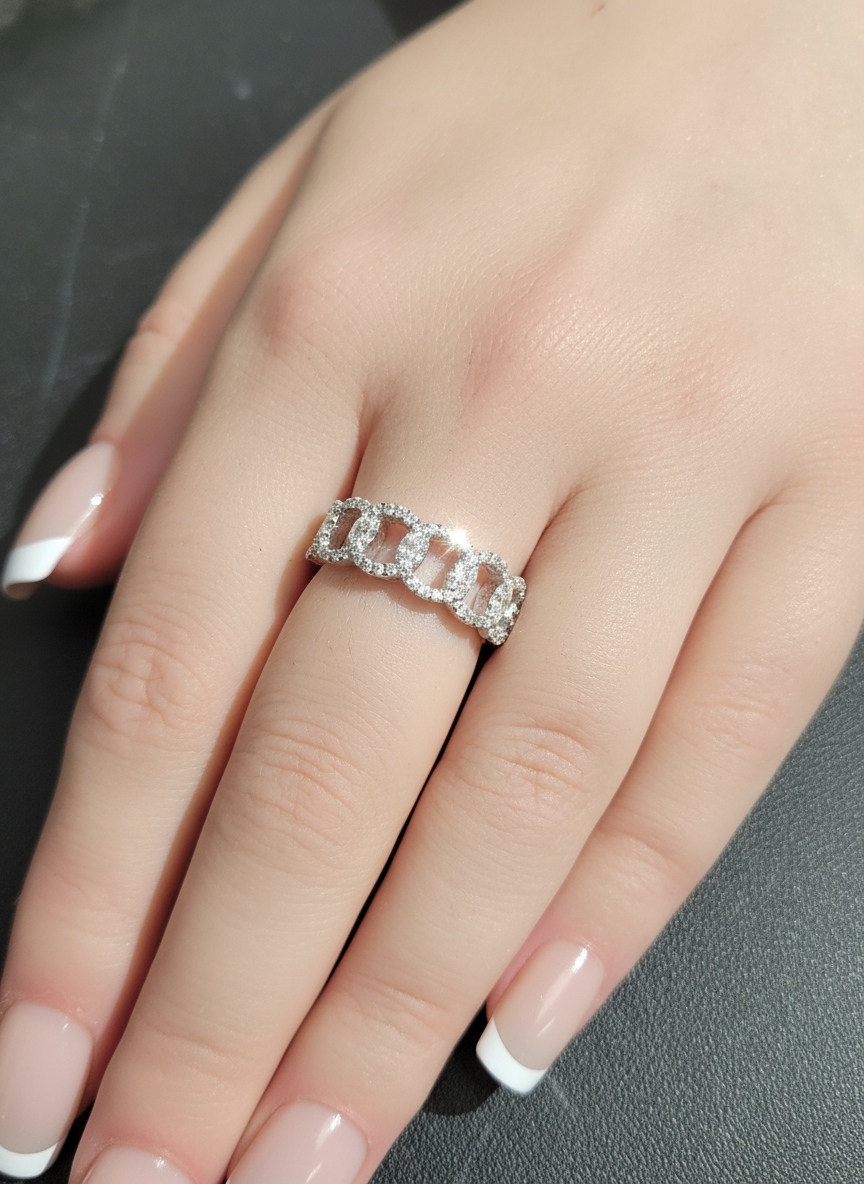 White Gold Over Sterling Silver Simulated Diamond Chain Link Statement Ring