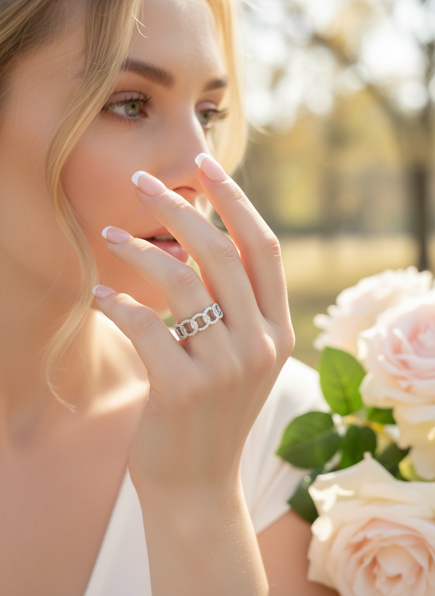 White Gold Over Sterling Silver Simulated Diamond Chain Link Statement Ring