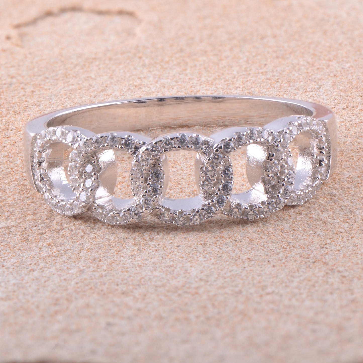 White Gold Over Sterling Silver Simulated Diamond Chain Link Statement Ring