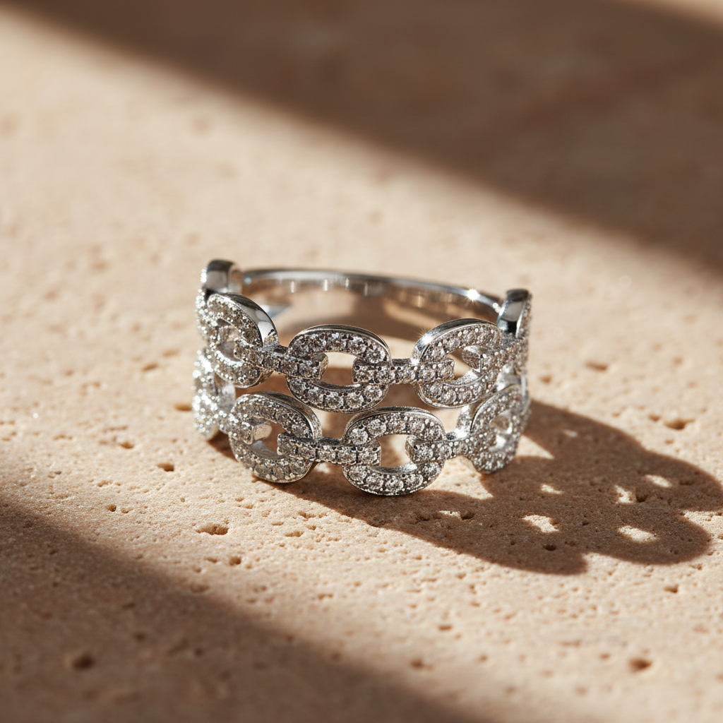 White Gold Over Sterling Silver Womens Chunky Simulated Diamond Double Chain Link Ring