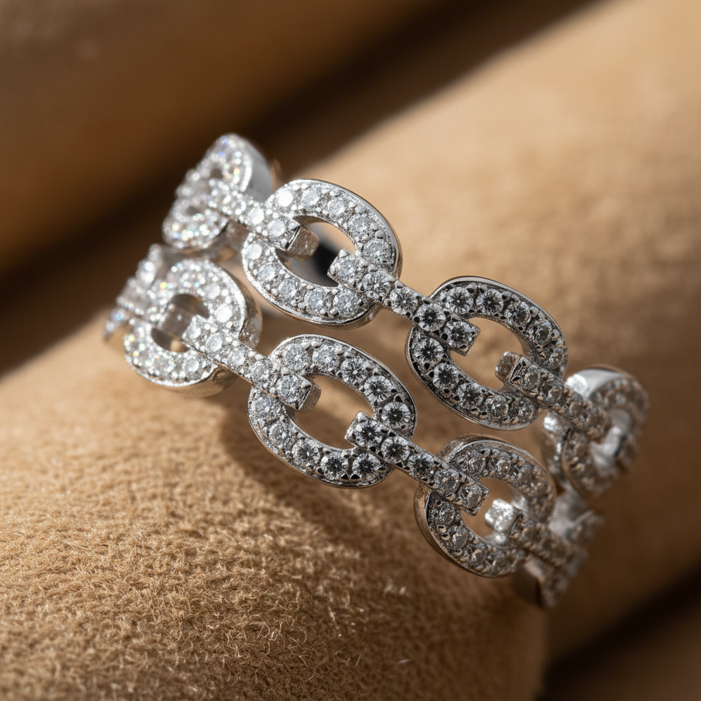 White Gold Over Sterling Silver Womens Chunky Simulated Diamond Double Chain Link Ring