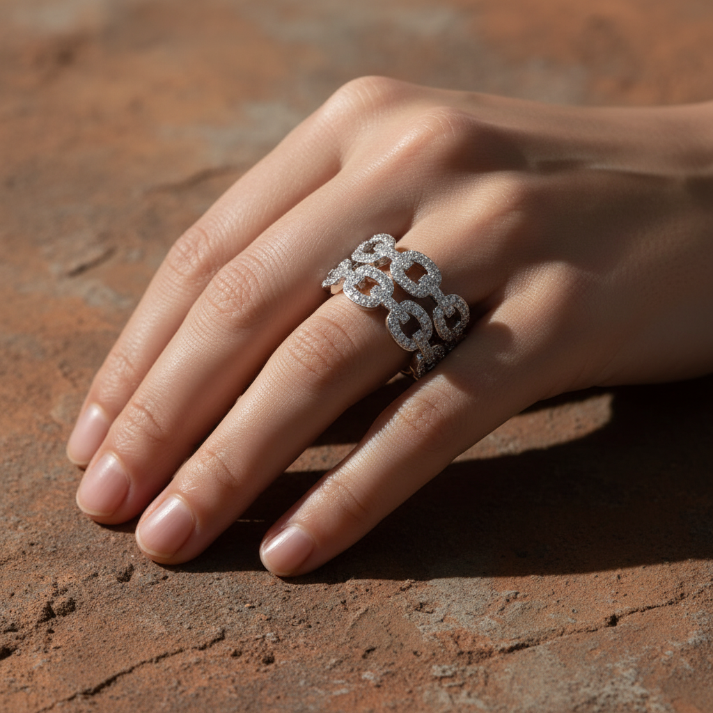 White Gold Over Sterling Silver Womens Chunky Simulated Diamond Double Chain Link Ring