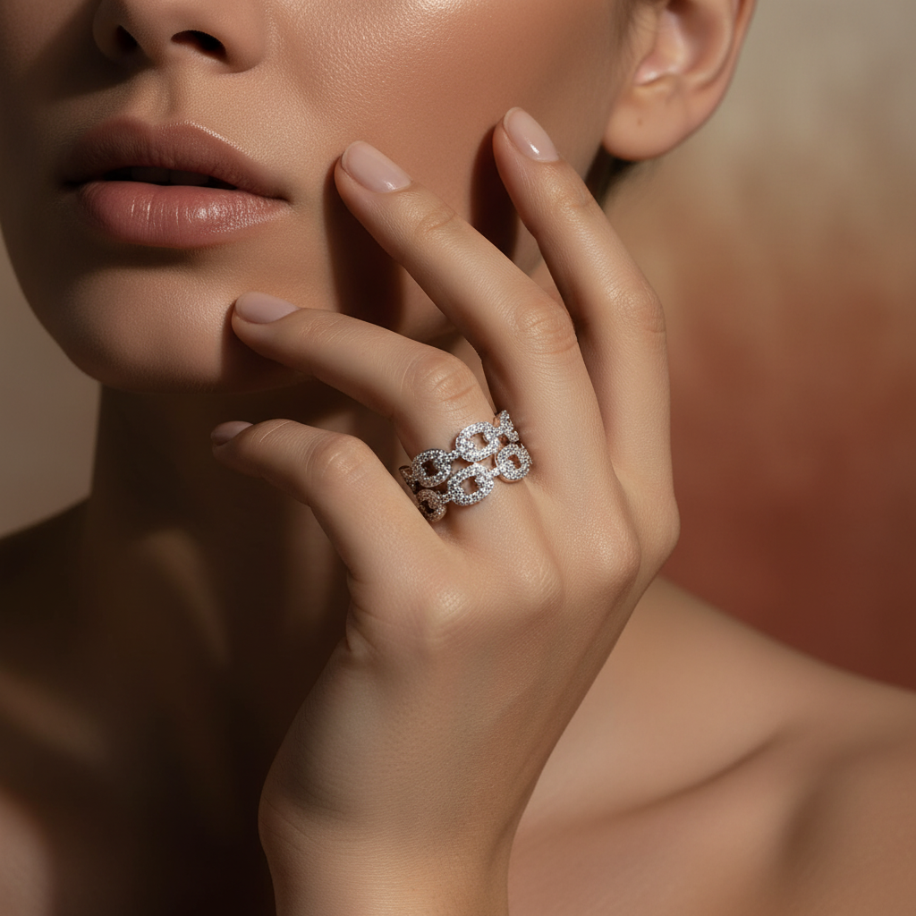 White Gold Over Sterling Silver Womens Chunky Simulated Diamond Double Chain Link Ring