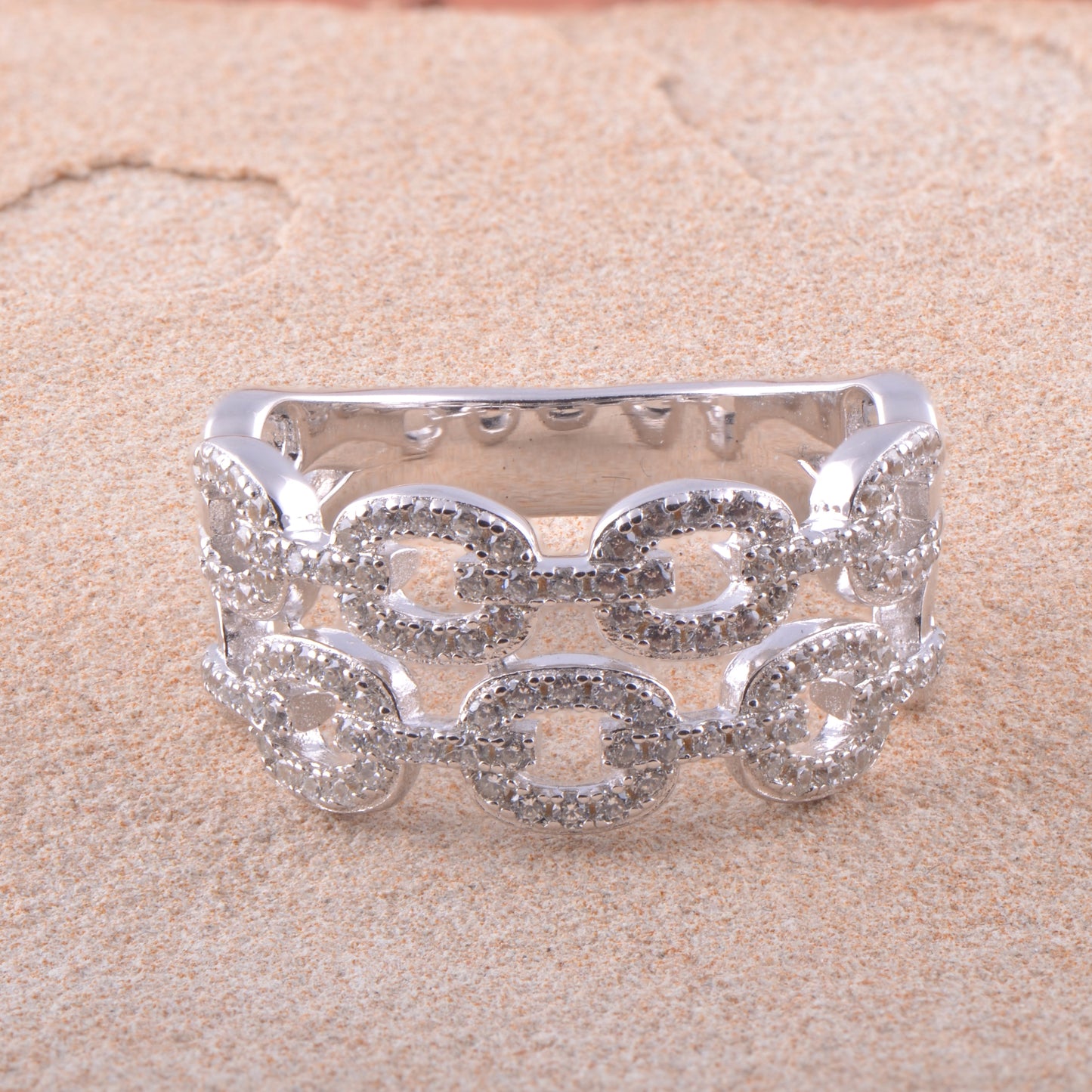 White Gold Over Sterling Silver Womens Chunky Simulated Diamond Double Chain Link Ring