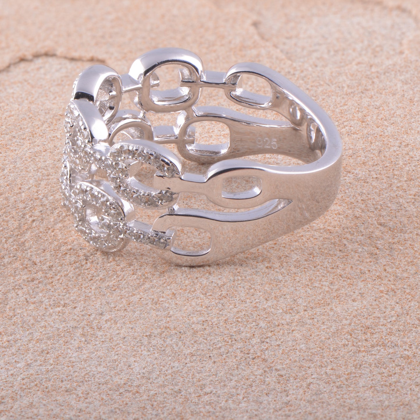 White Gold Over Sterling Silver Womens Chunky Simulated Diamond Double Chain Link Ring