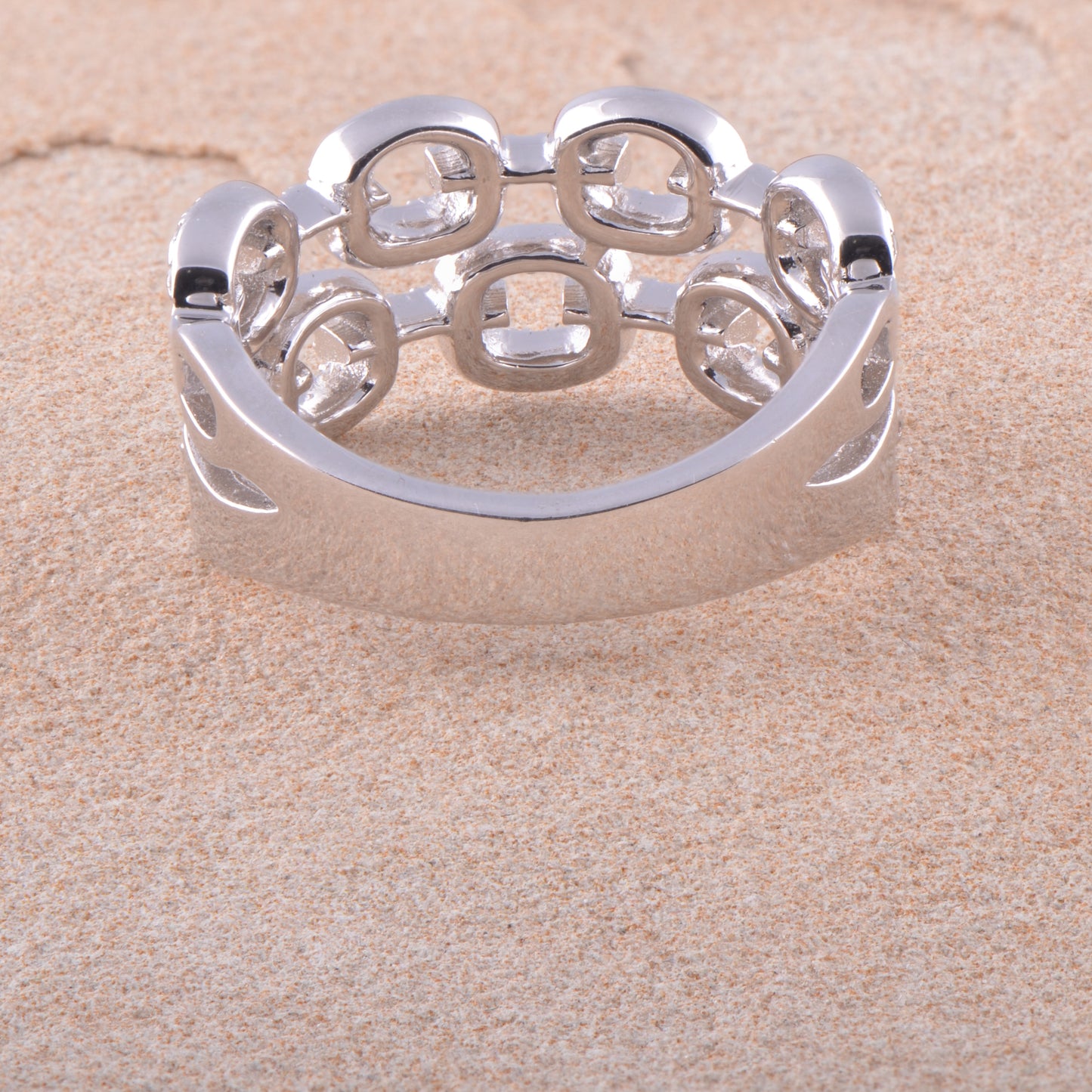 White Gold Over Sterling Silver Womens Chunky Simulated Diamond Double Chain Link Ring