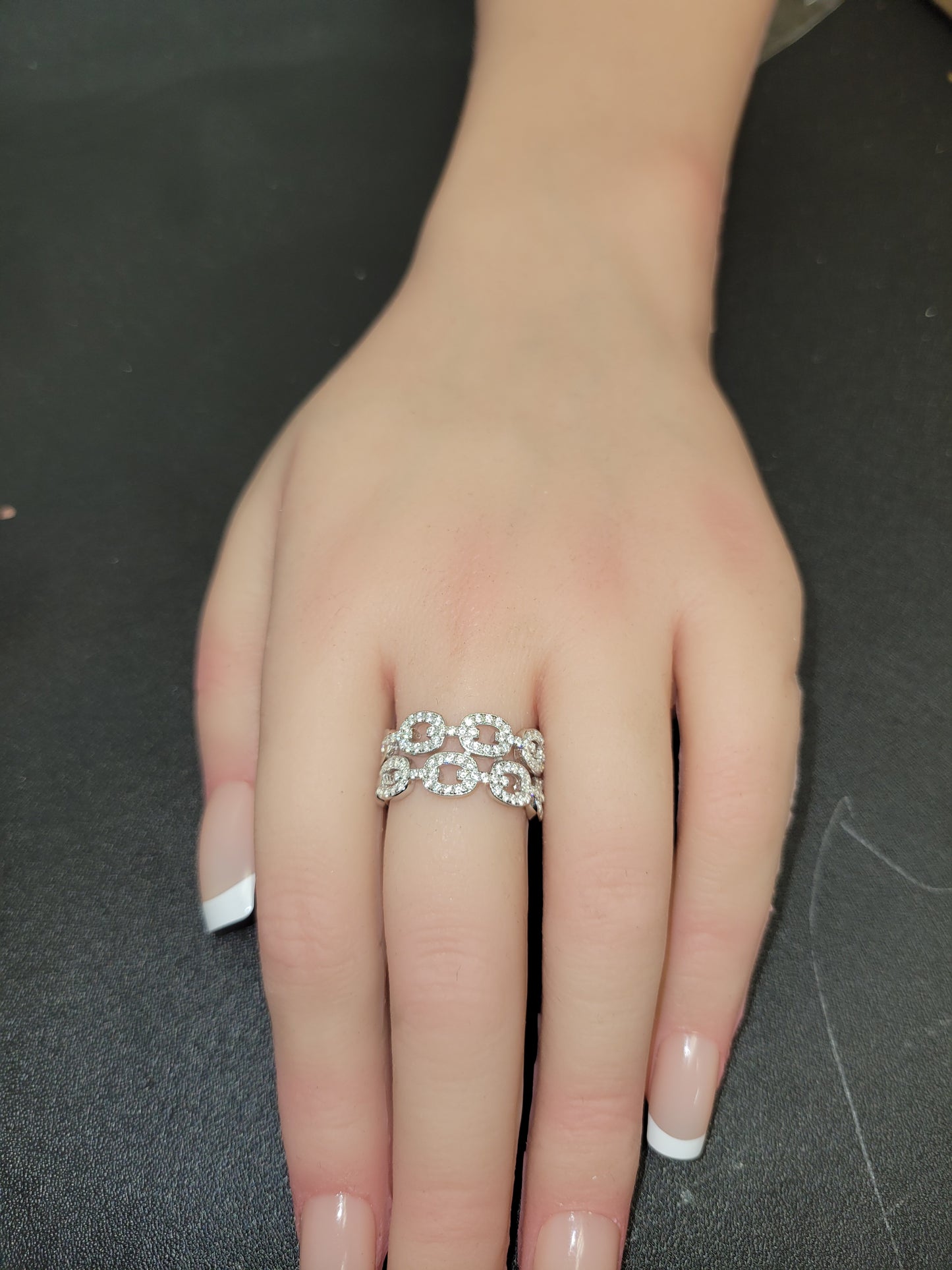 White Gold Over Sterling Silver Womens Chunky Simulated Diamond Double Chain Link Ring
