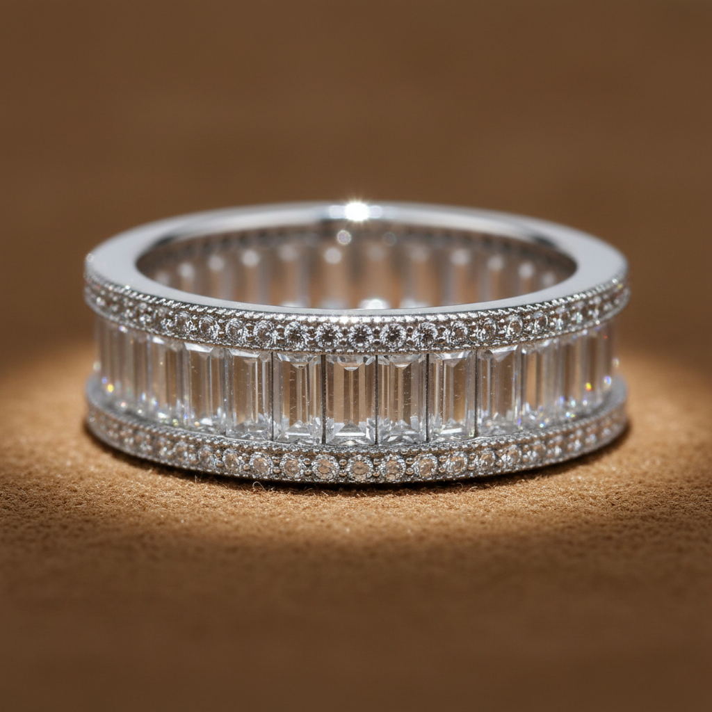 White Gold Over Sterling Silver Womens Wide Simulated Diamond Baguette Eternity Ring