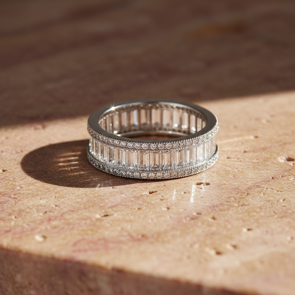 White Gold Over Sterling Silver Womens Wide Simulated Diamond Baguette Eternity Ring