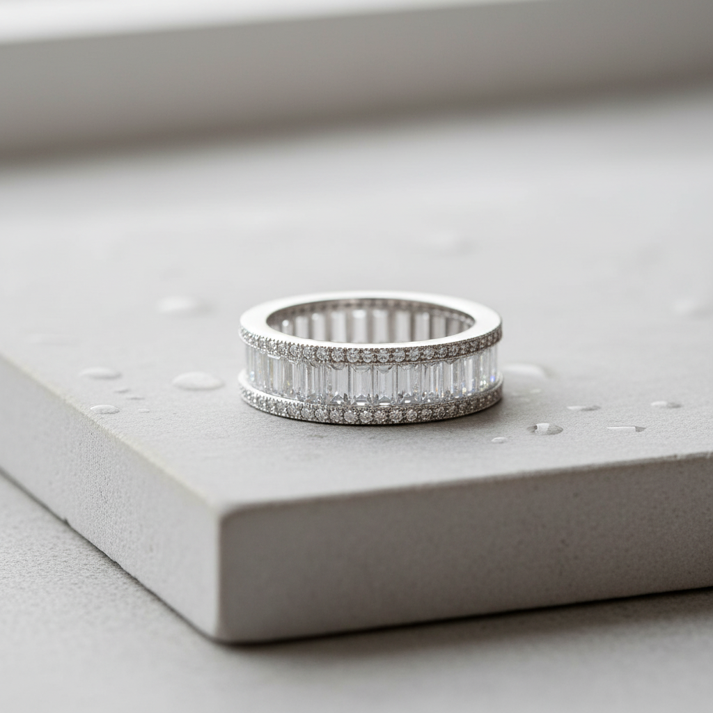 White Gold Over Sterling Silver Womens Wide Simulated Diamond Baguette Eternity Ring