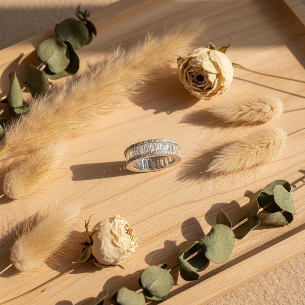 White Gold Over Sterling Silver Womens Wide Simulated Diamond Baguette Eternity Ring