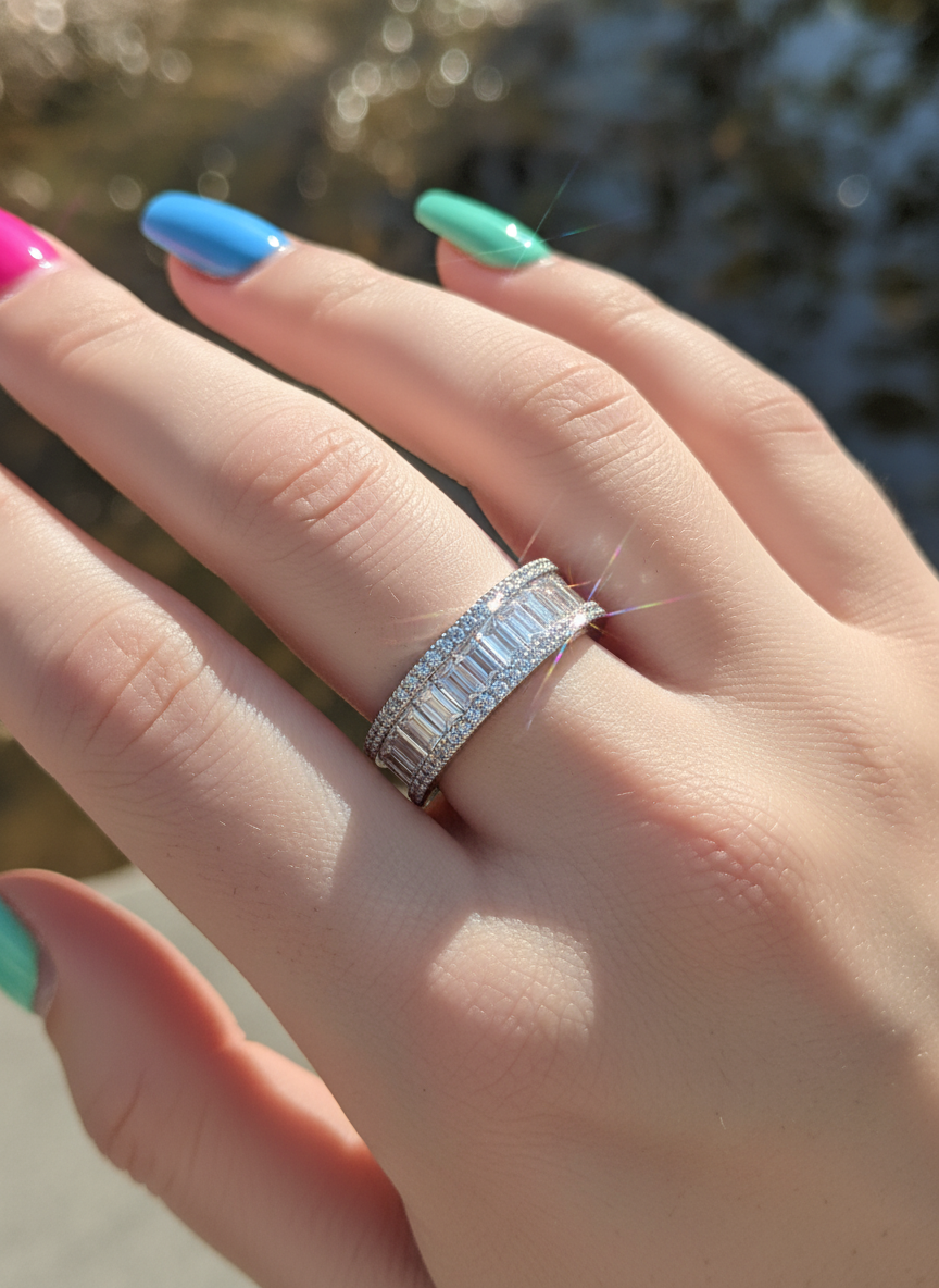 White Gold Over Sterling Silver Womens Wide Simulated Diamond Baguette Eternity Ring