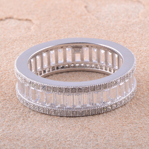 White Gold Over Sterling Silver Womens Wide Simulated Diamond Baguette Eternity Ring