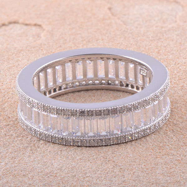White Gold Over Sterling Silver Womens Wide Simulated Diamond Baguette Eternity Ring